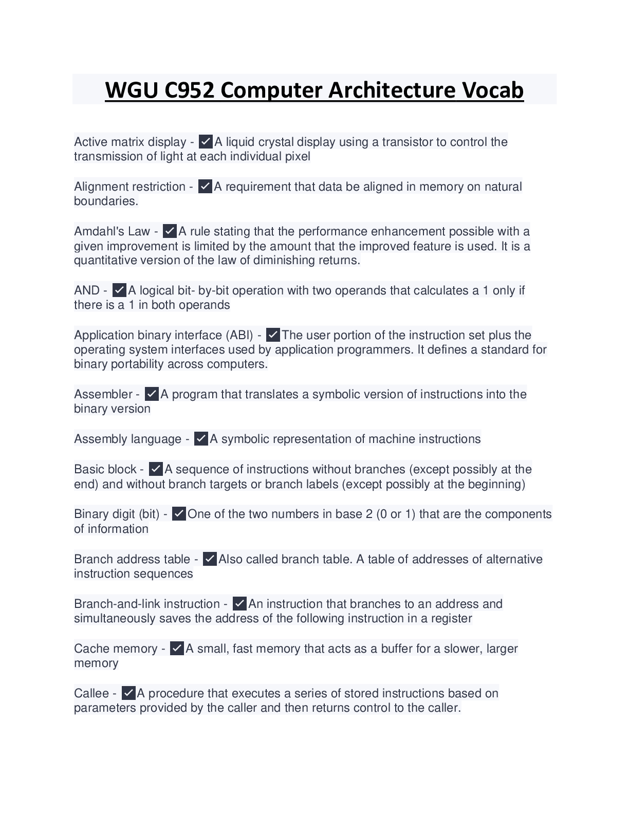 WGU C952 Computer Architecture Vocab (Verified Answers by Expert) 100